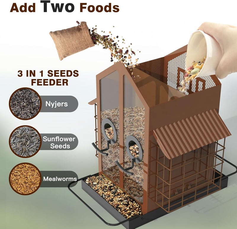 FlowaFoli Bird Feeders for Outdoors, Metal Bird Feeder with Double Suet Cage Weatherproof Metal Roof, 2 in 1 Mixed Seeds Suet Feeder, 4Lbs Large Capacity, Great for Finch、Cardinal、Chickadee（Brown） - Image 3
